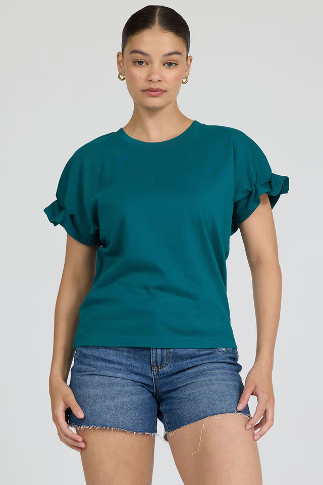 DEAR JOHN Meredith Crew Neck Ruffle Sleeve Mediterranean Top