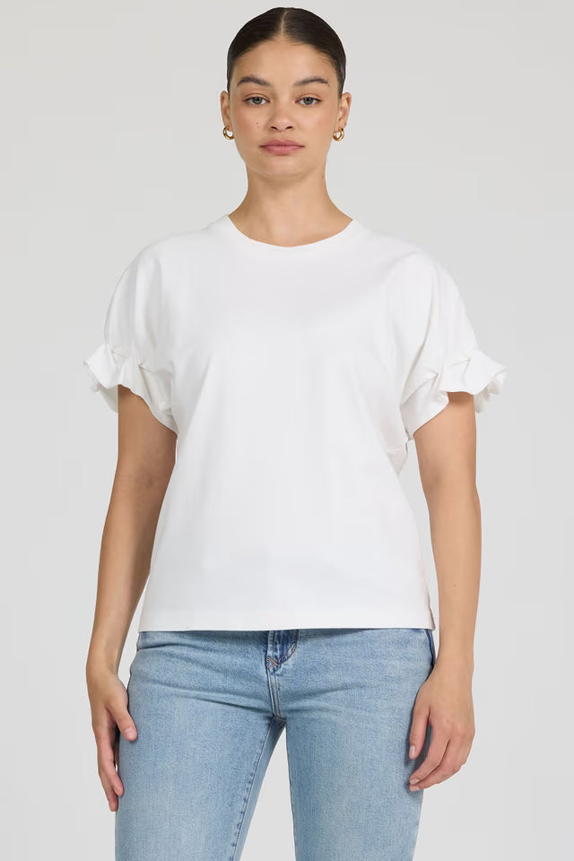 DEAR JOHN Meredith Crew Neck Ruffle Sleeve White Top