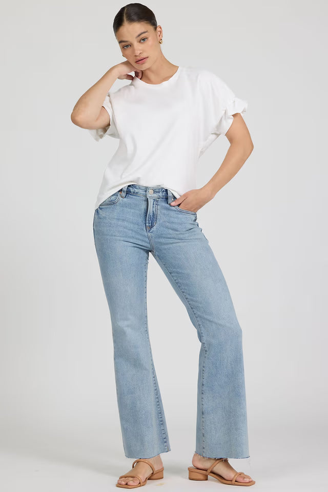 DEAR JOHN Meredith Crew Neck Ruffle Sleeve White Top