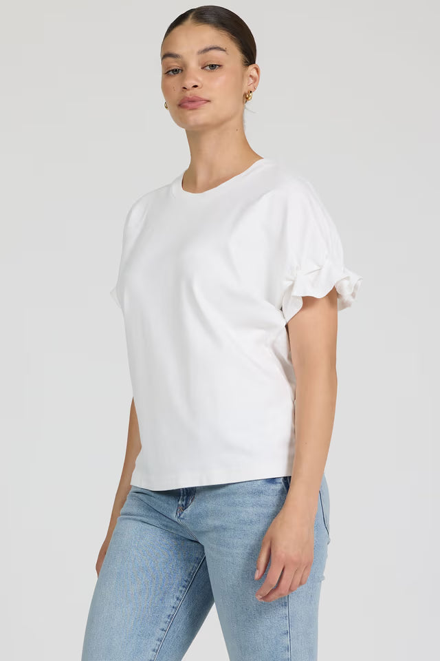 DEAR JOHN Meredith Crew Neck Ruffle Sleeve White Top
