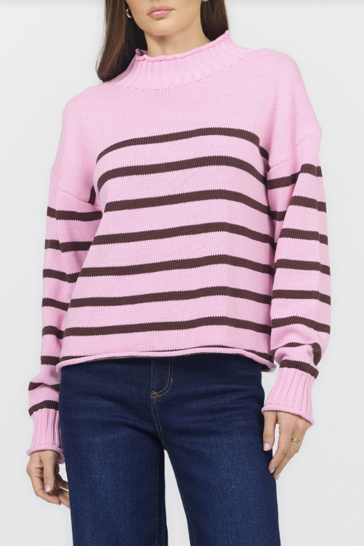 DEAR JOHN Solana Mock Neck Striped Knit Sweater - Cashmere Rose