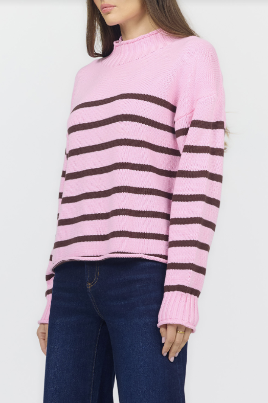 DEAR JOHN Solana Mock Neck Striped Knit Sweater - Cashmere Rose