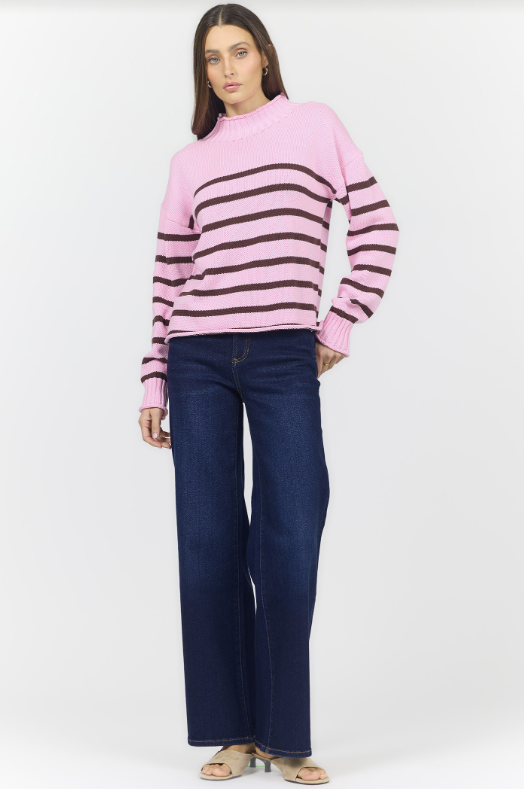 DEAR JOHN Solana Mock Neck Striped Knit Sweater - Cashmere Rose