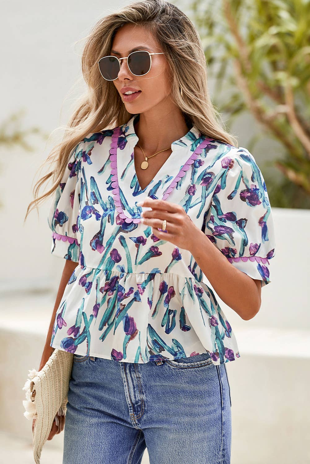 SHARED Floral RicRac Trim HalfSleeve Peplum Top