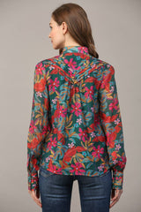 INSIST Floral Tucked Yoke StandCollar Top