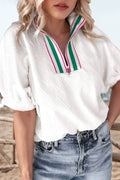 VENUE StripeNeck Zipper Collar Textured Top