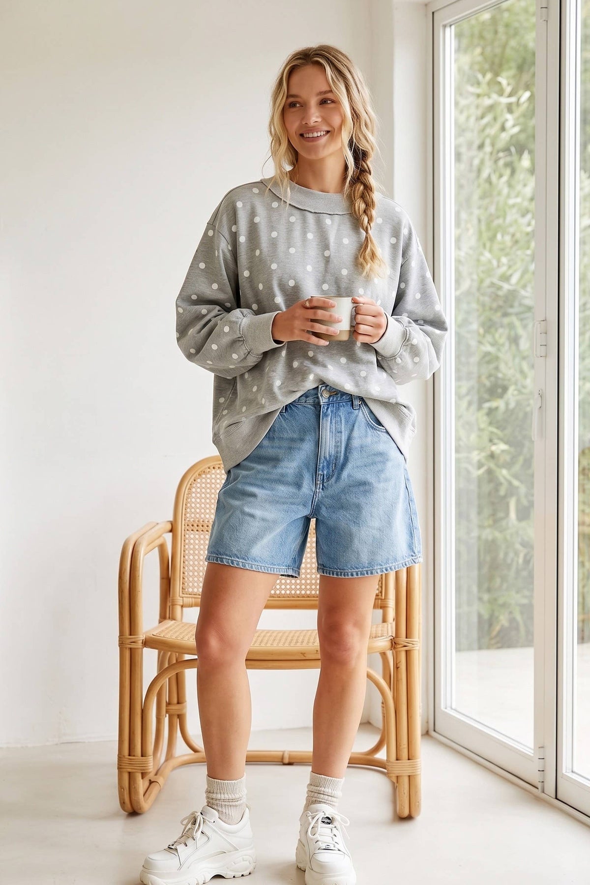Oversized Polka Dot Scuba Pullover: BROWN/WHITE / L