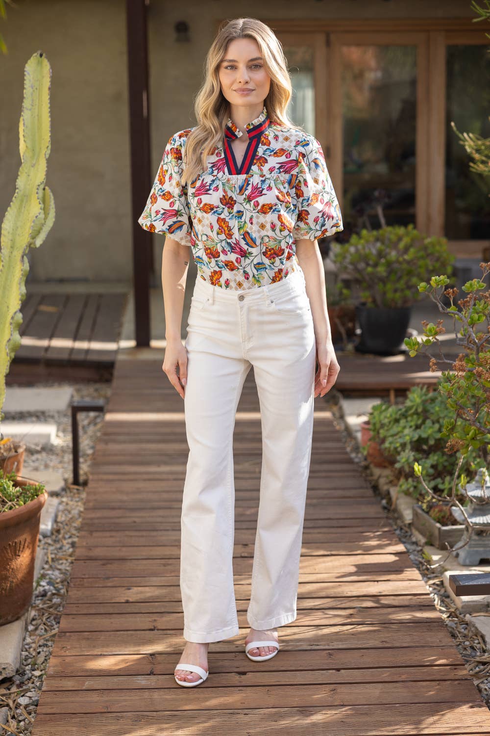 PRIDE Floral StripePlacket Woven Print Top