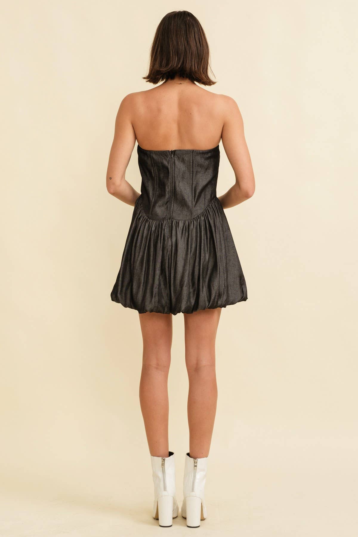 CASS Embroidered Bust BubbleHem Denim Dress