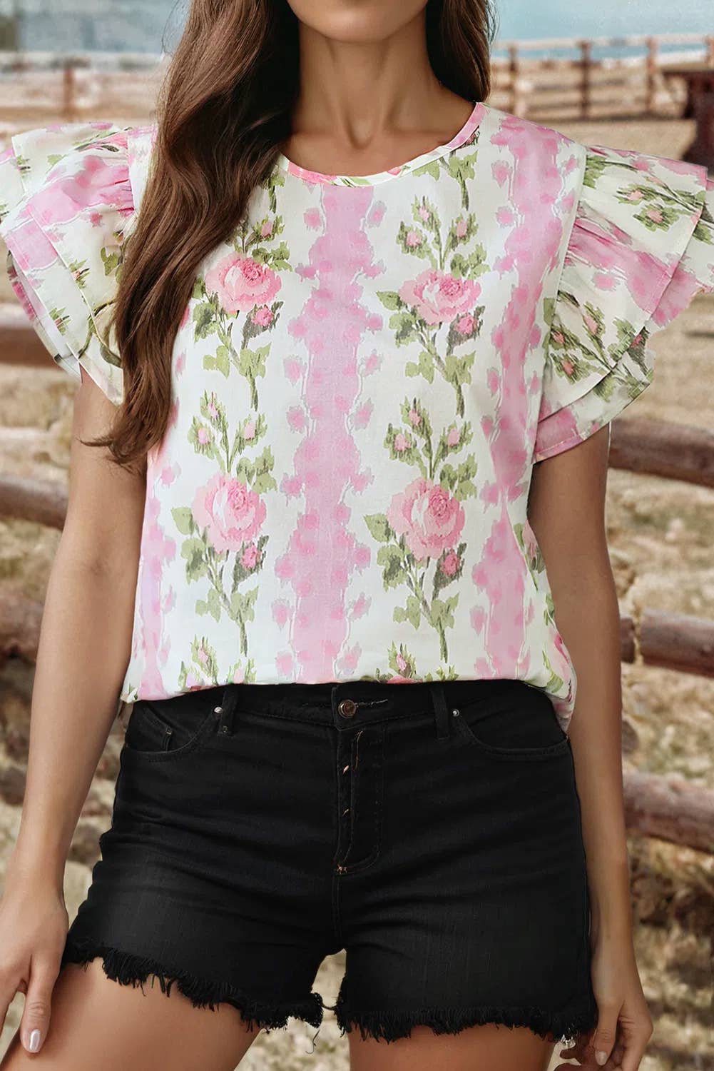 WARD Floral/Stripe RuffleSleeve Top