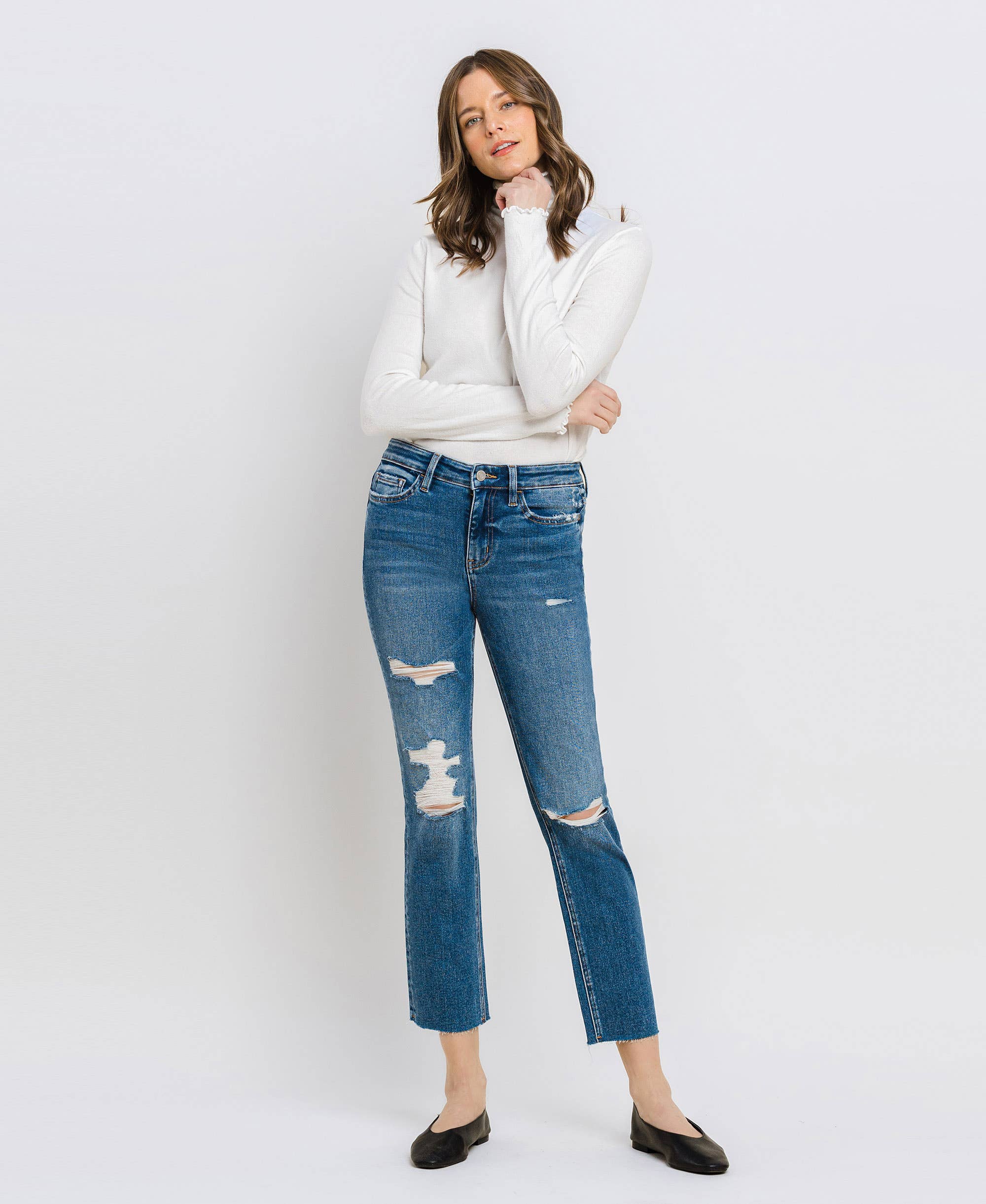VERVET by Flying Monkey JEANNE HiRise Distressed Slim Straight Jean