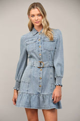 MERITT Belted Washed Denim LongSleeve Dress