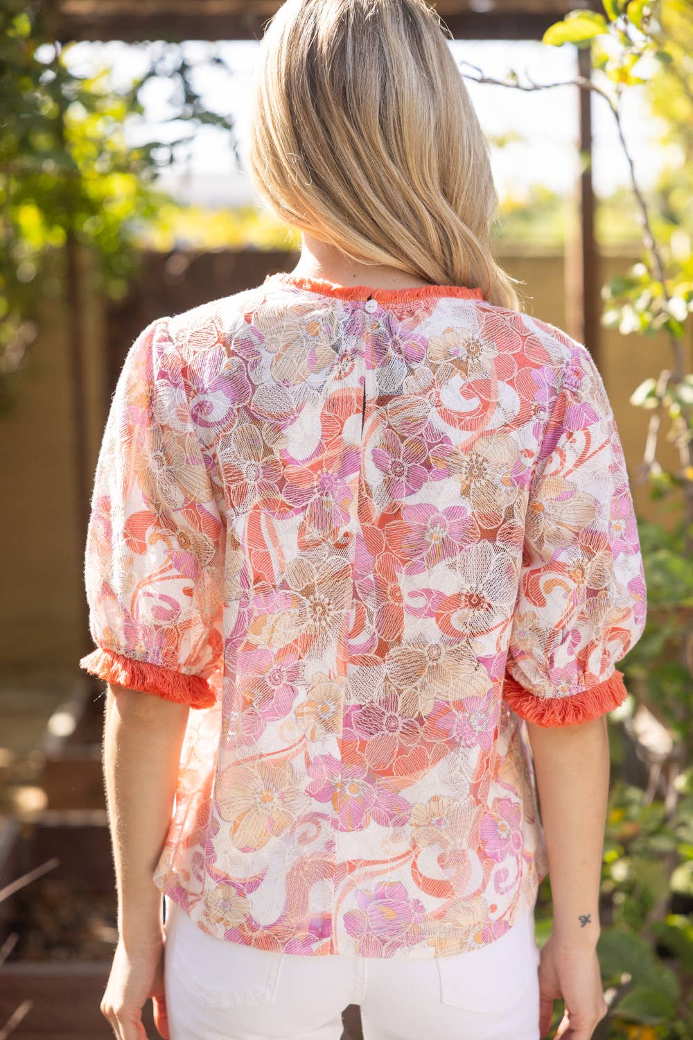 SURROUND Floral Embroidery Print FringeTrim Lace Top