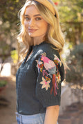 CHELSEA Bird EmbroiderySleeve Smocked Neck Top