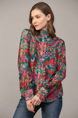 INSIST Floral Tucked Yoke StandCollar Top