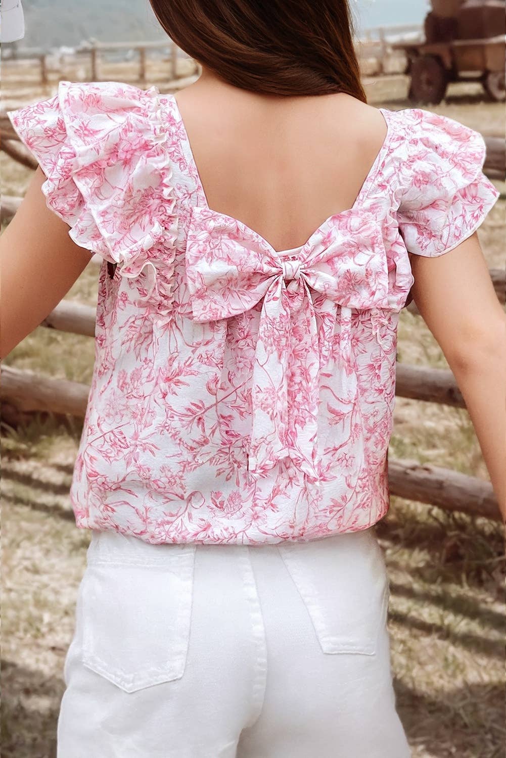 REFINED Floral Toile Ruffle Short Sleeve Bow Back Top