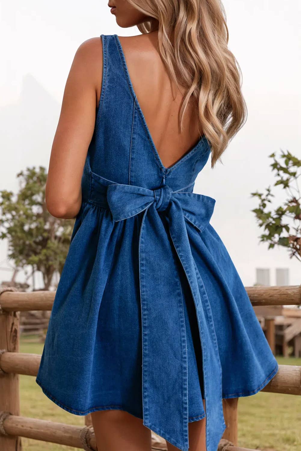 BOAST SquareNeck BowBack A-Line Denim Dress