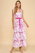 BELLVIEW Floral Print Tiered Belted Maxi Dress