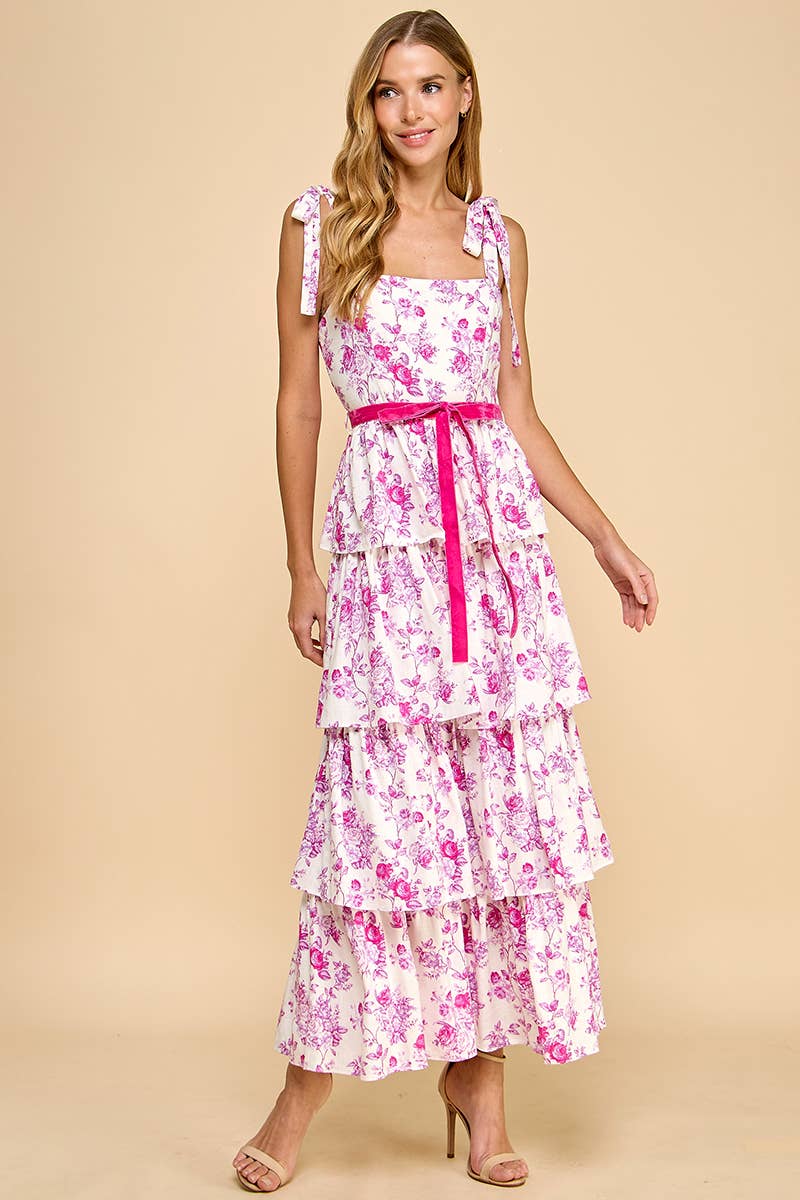 BELLVIEW Floral Print Tiered Belted Maxi Dress