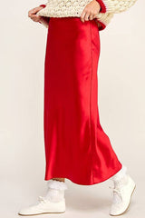 SATIN EFFECT MIDI SKIRT: Red / M