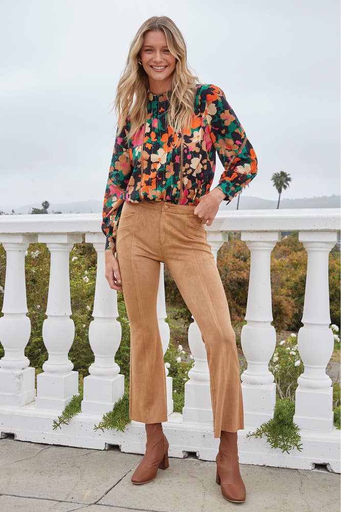 RIO Floral Tucked/Lace Insert Woven Blouse Top