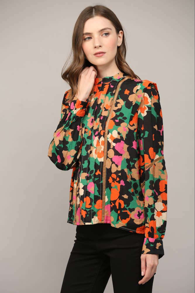 RIO Floral Tucked/Lace Insert Woven Blouse Top