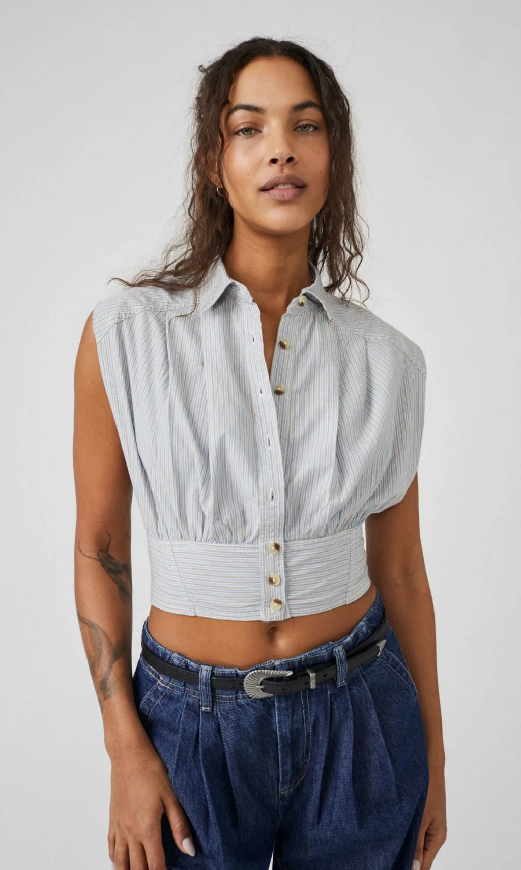 FREE PEOPLE Stripe CASSIE Sleeveless Collar Top
