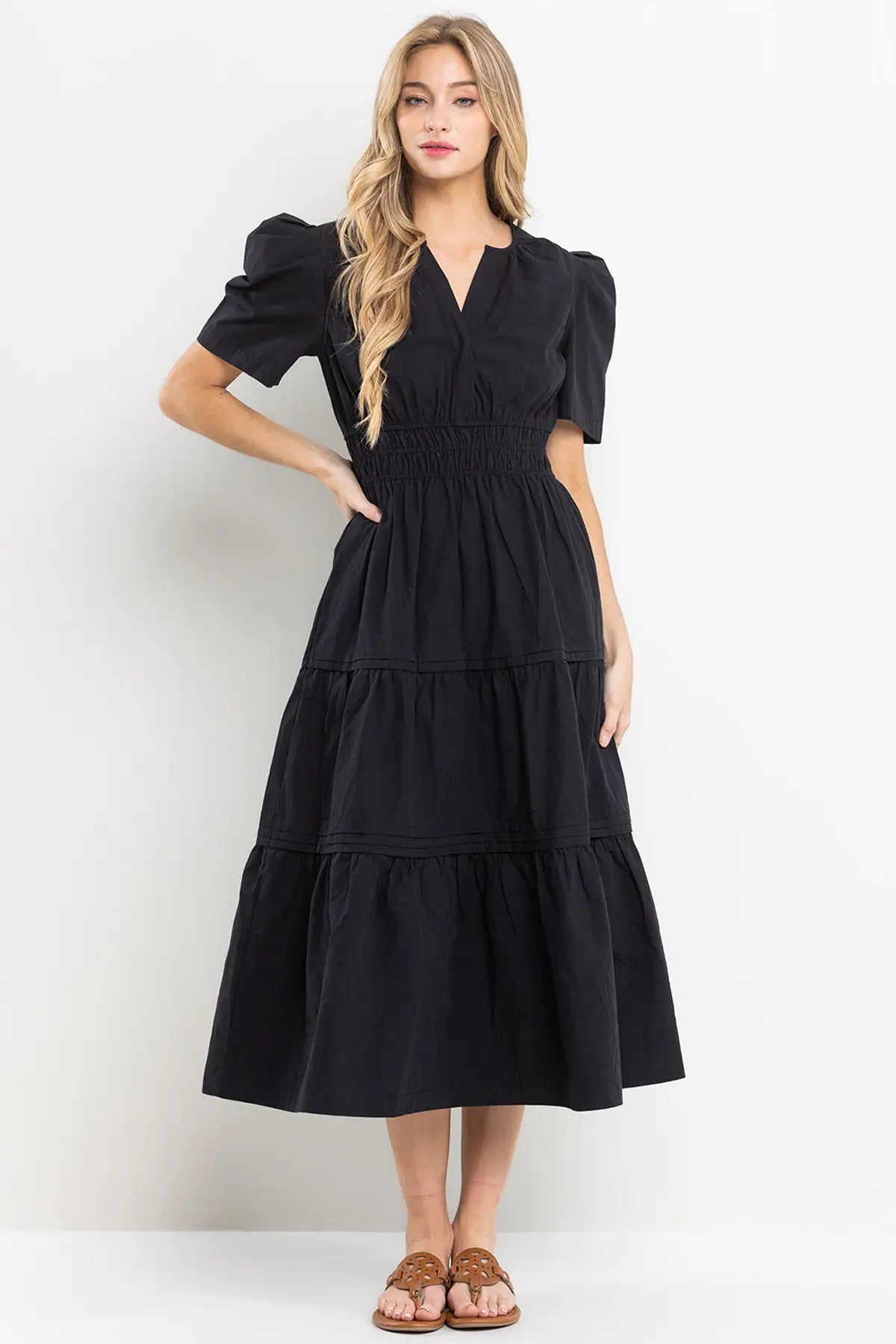 THEORY V-Neck Tiered PuffSleeve Maxi Dress