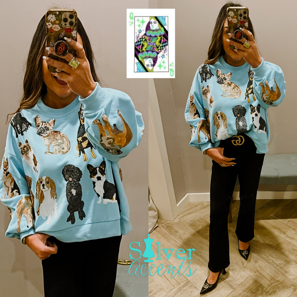 QUEEN OF SPARKLES Sequin DOGS Allover Sweatshirt