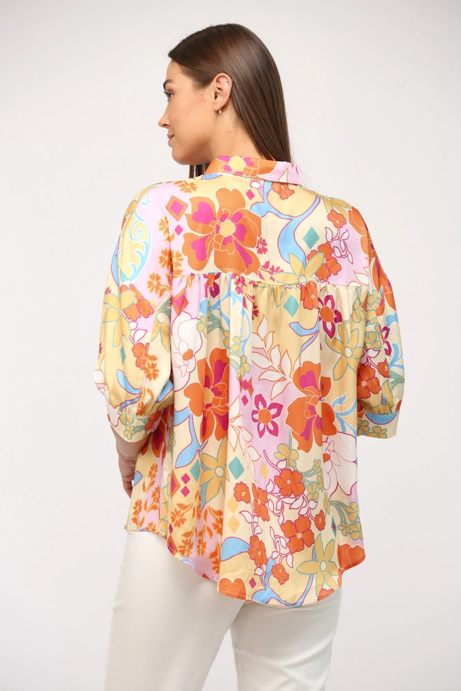 ALARM Abstract Floral Satin Short Sleeve Top