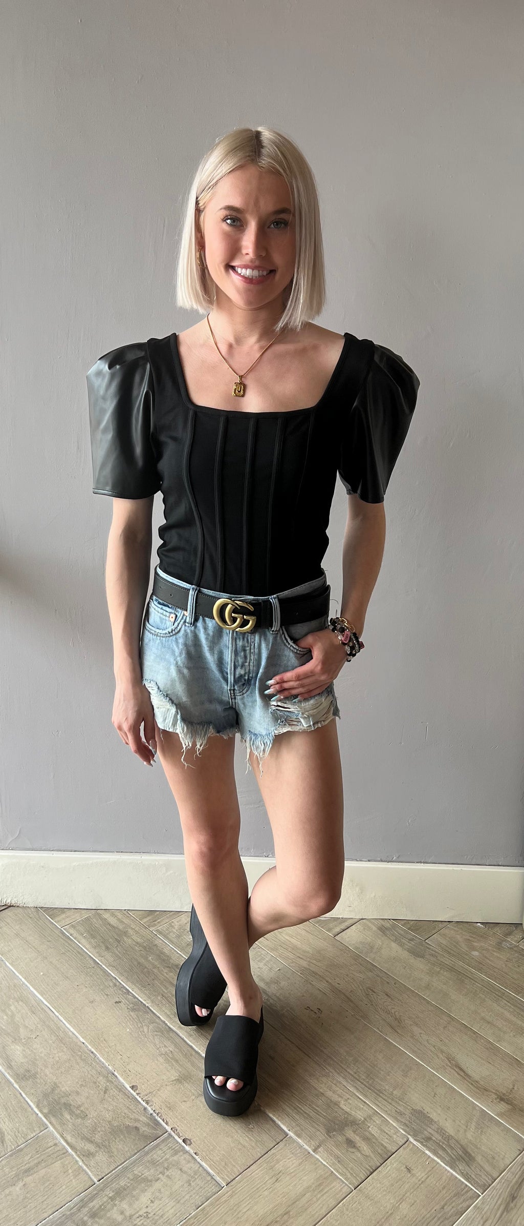 PLEASURE Vegan Leather PuffSleeve Top