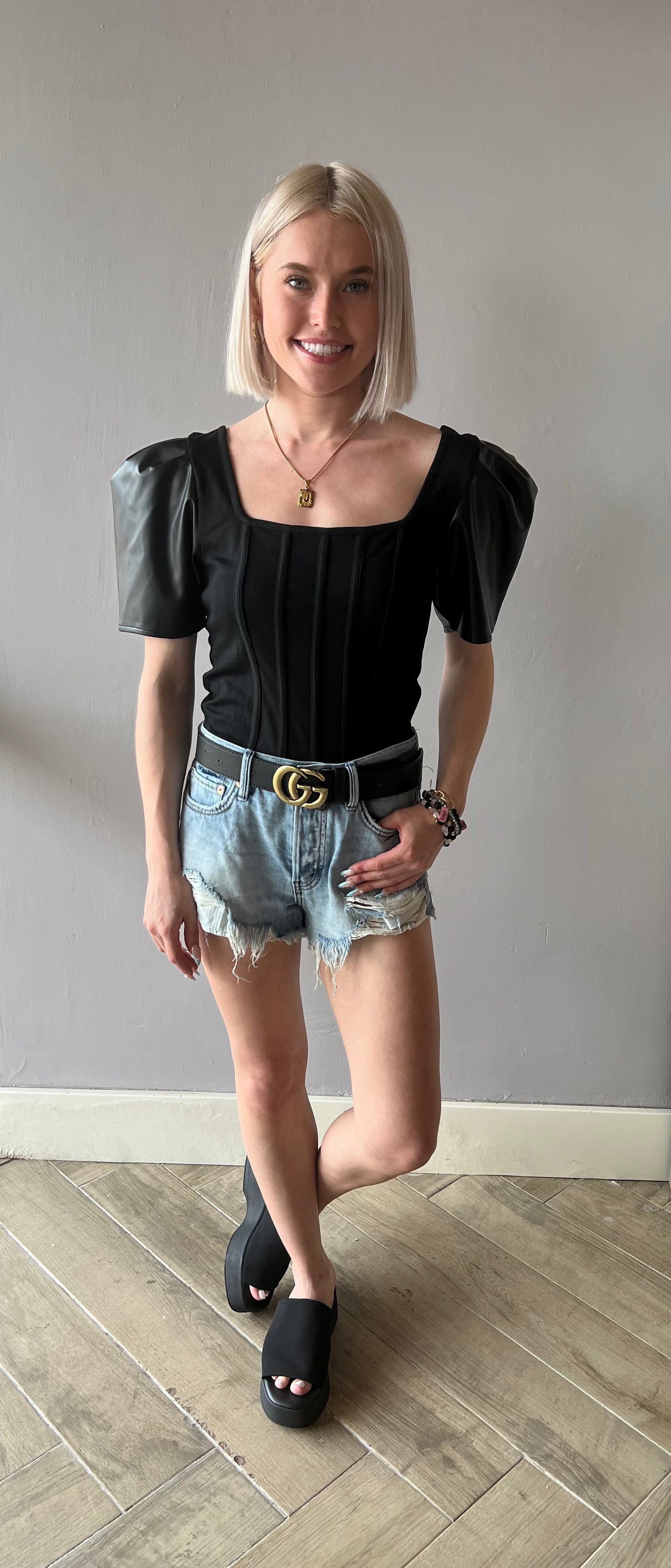 PLEASURE Vegan Leather PuffSleeve Top