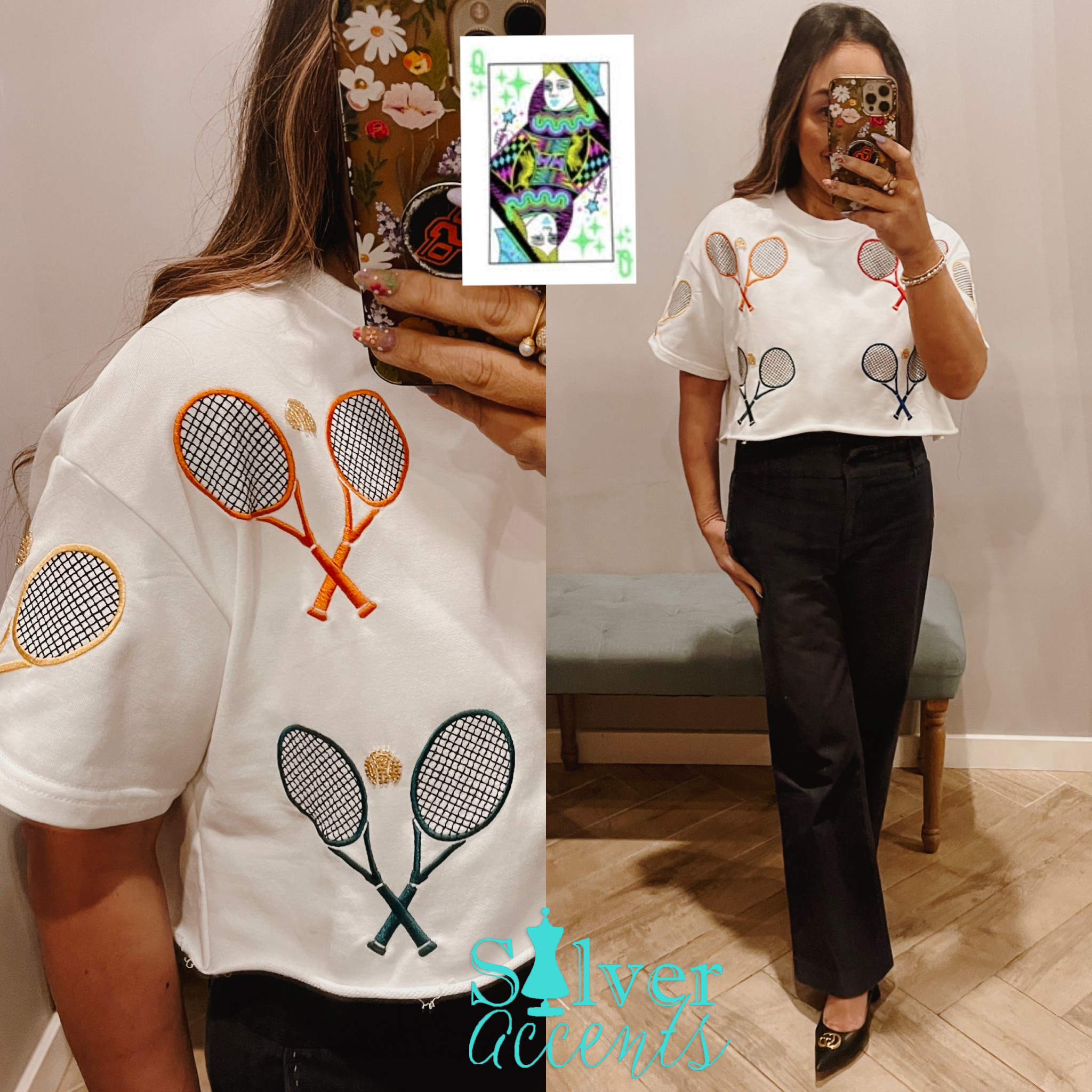 QUEEN OF SPARKLES Scattered TENNIS RACKETS Sweatshirt Top