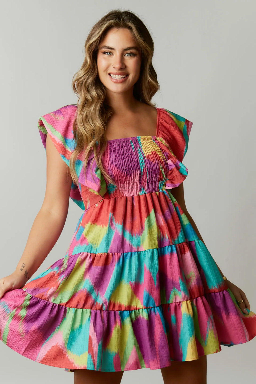 HEIRESS Print SmockBust FlutterSleeve Dress