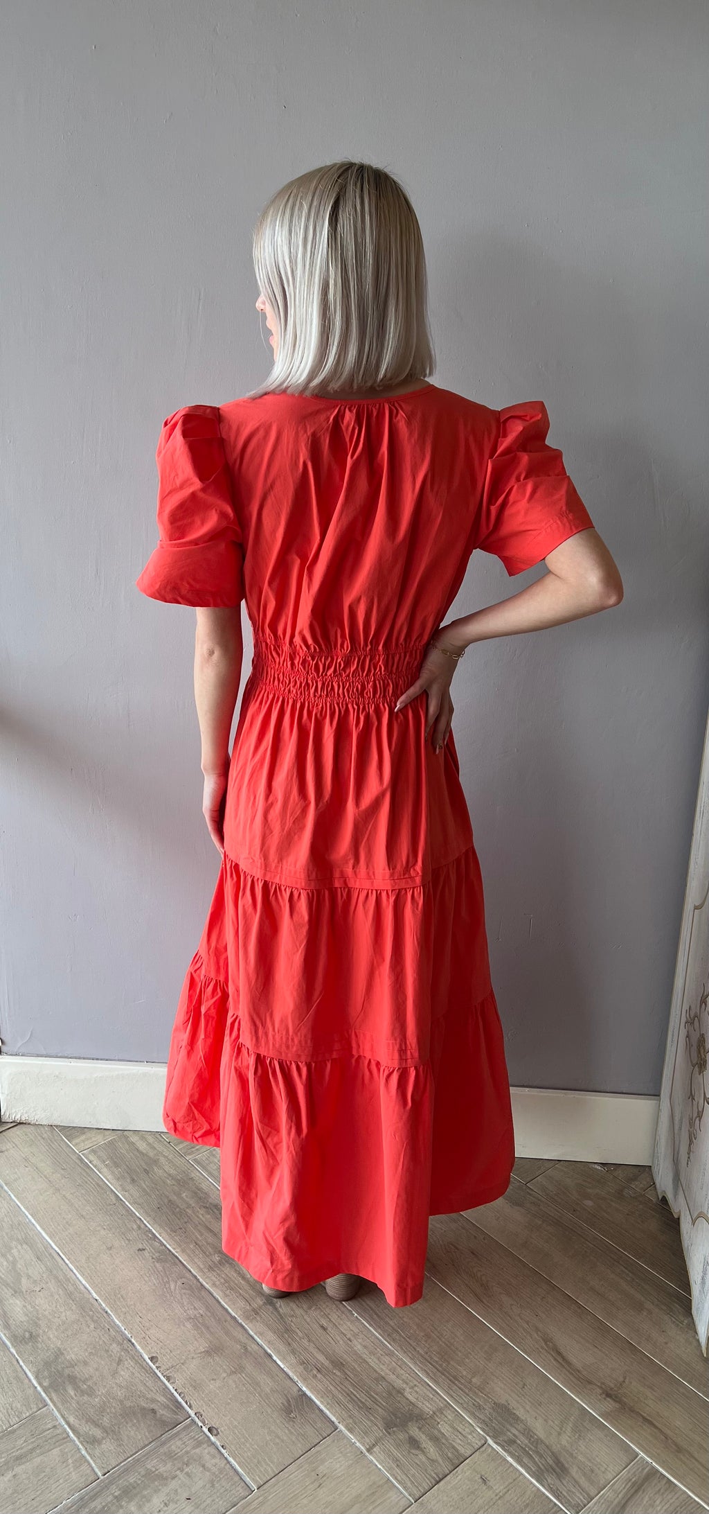 THEORY V-Neck Tiered PuffSleeve Maxi Dress