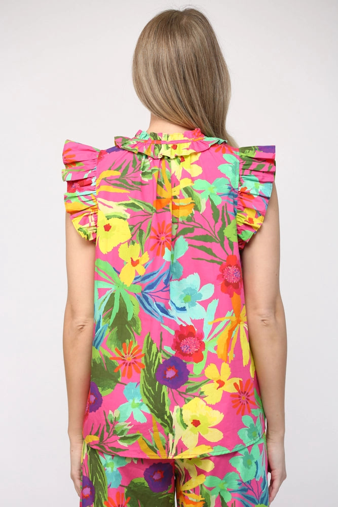 SAVOR Tropical Print Poplin Ruffle Top