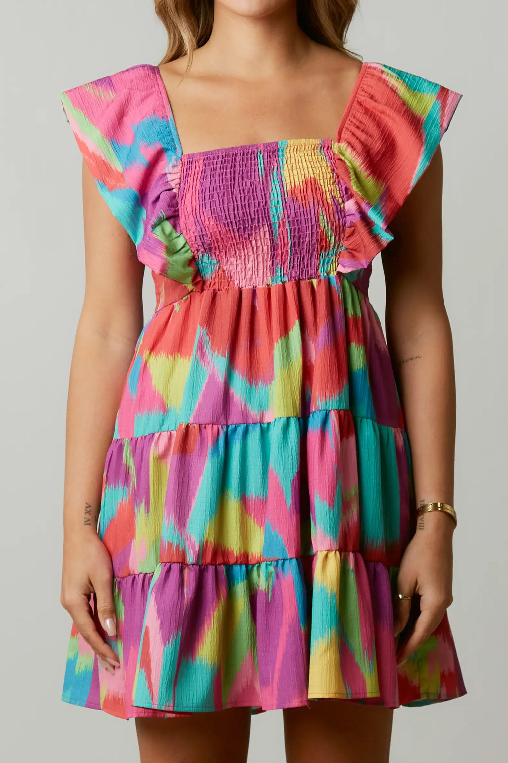HEIRESS Print SmockBust FlutterSleeve Dress