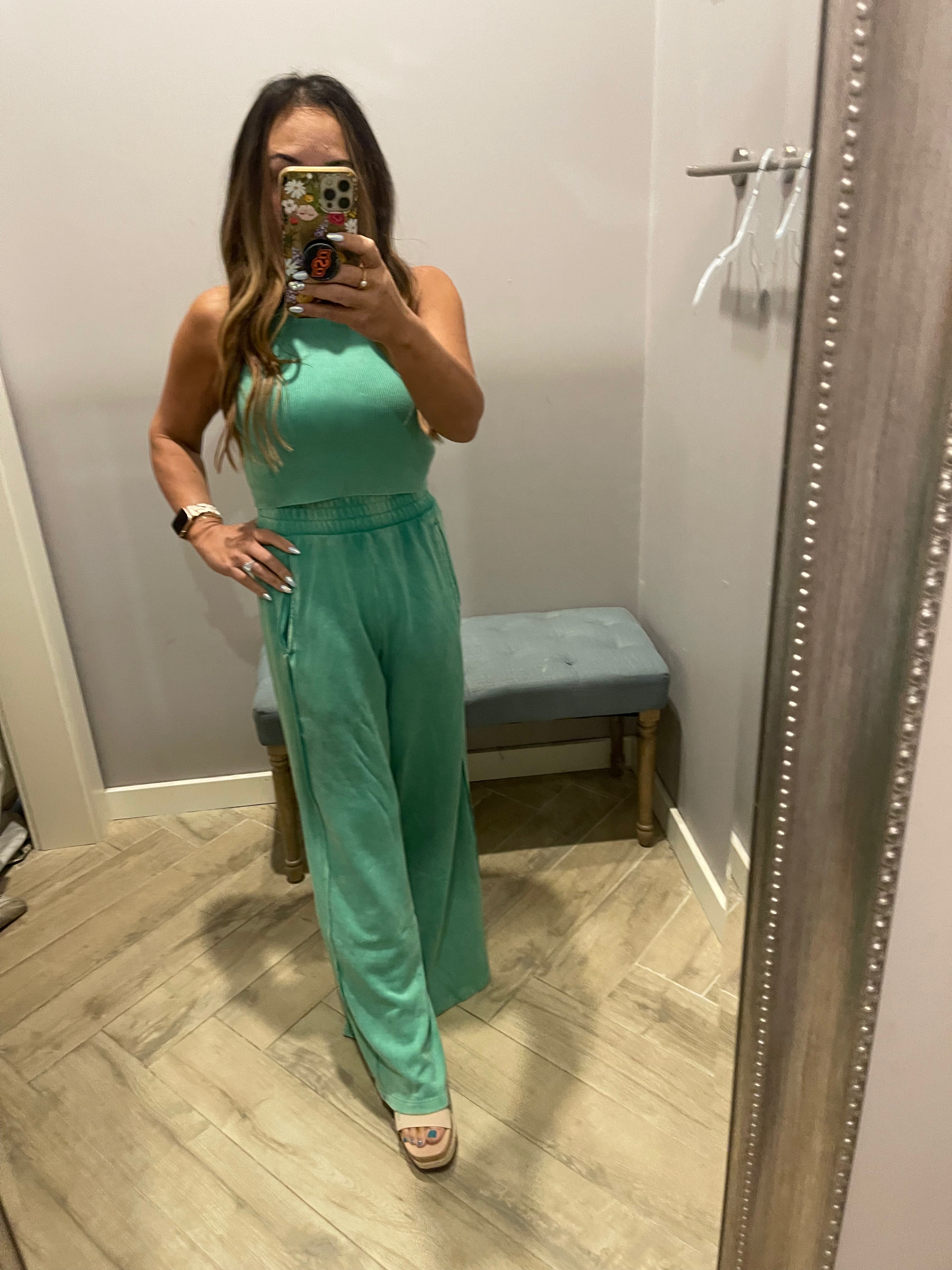 RISEN 2Piece HalterNeck RibMix WideLeg Pant Set