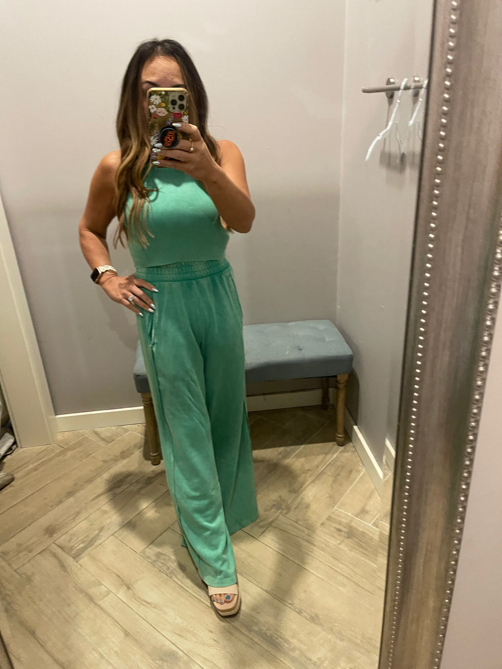 RISEN 2Piece HalterNeck RibMix WideLeg Pant Set