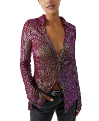 FREE PEOPLE Long Sleeve SEQUIN SHIRTEE ButtonDown Top