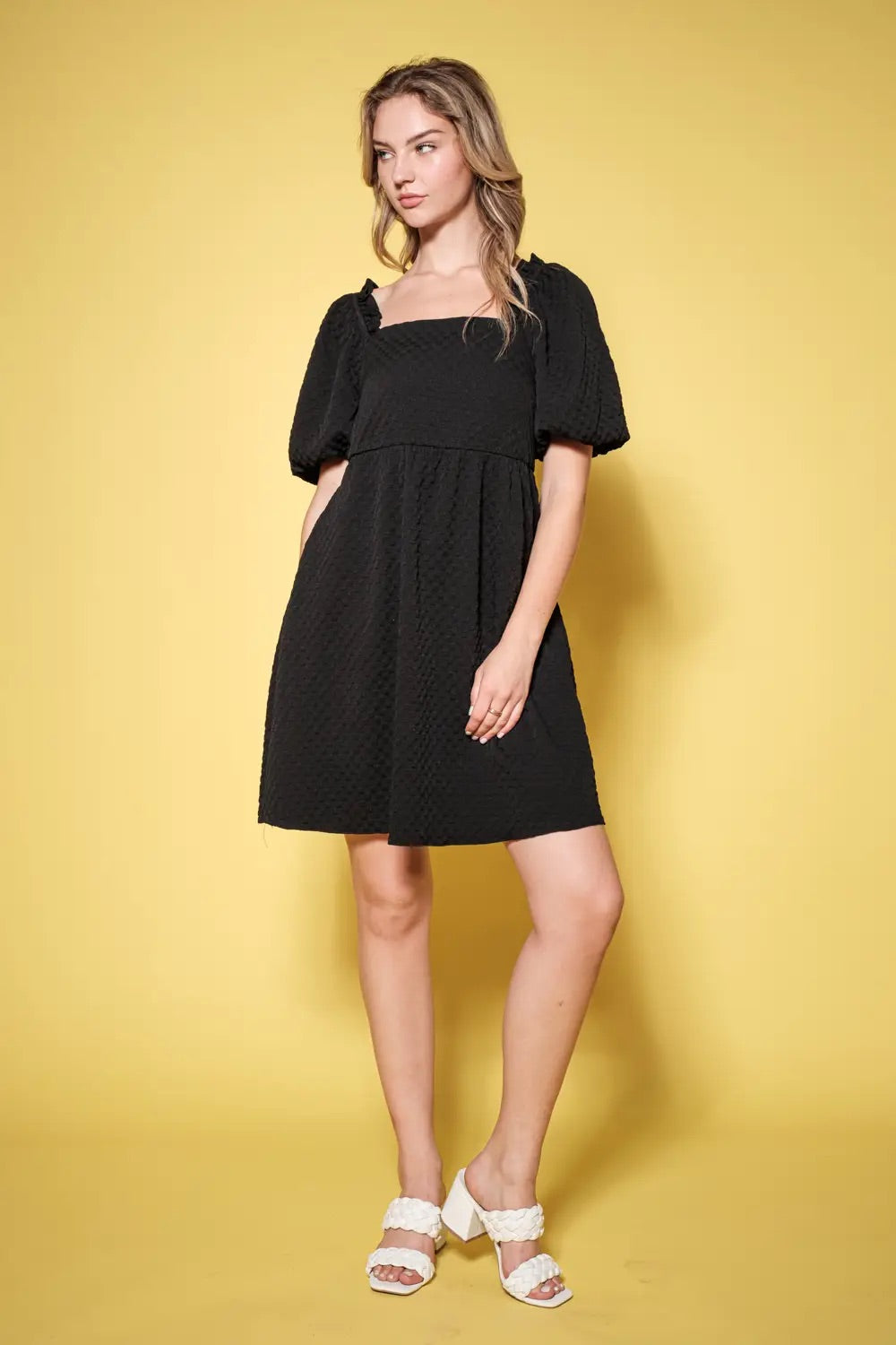 VIOLA Square~Neck Balloon~Sleeve Textured~Knit Dress