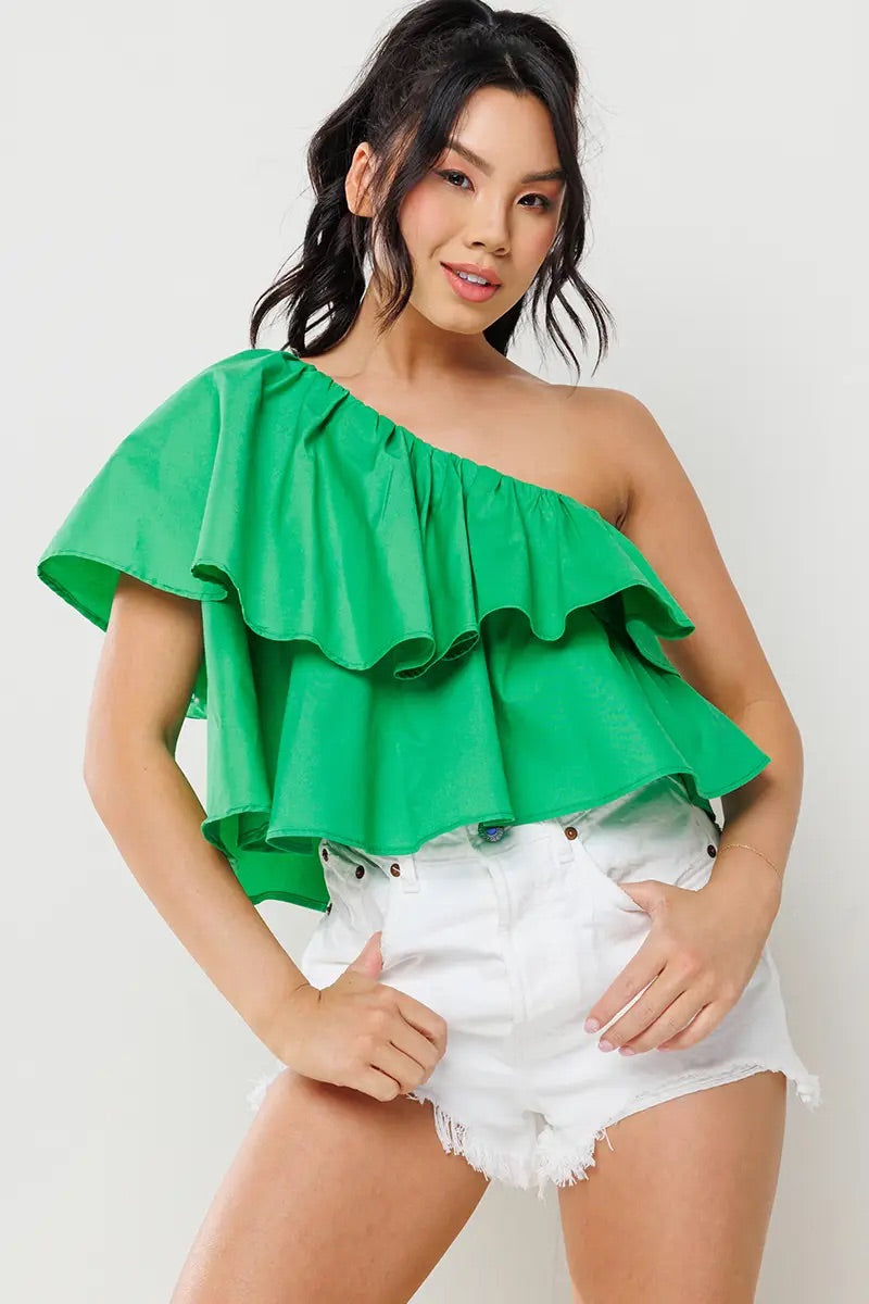 VEER Ruffled One~Shoulder Poplin Top