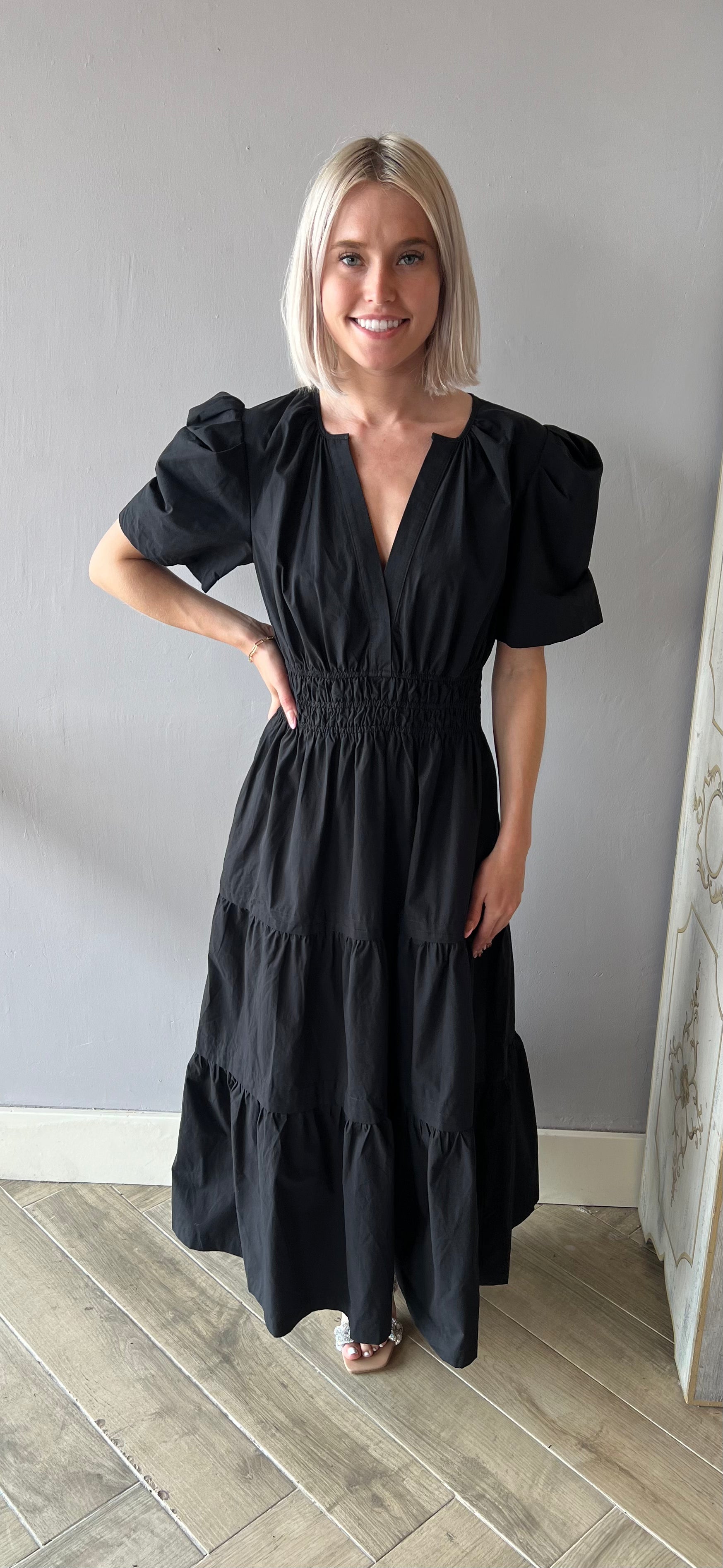 THEORY V-Neck Tiered PuffSleeve Maxi Dress