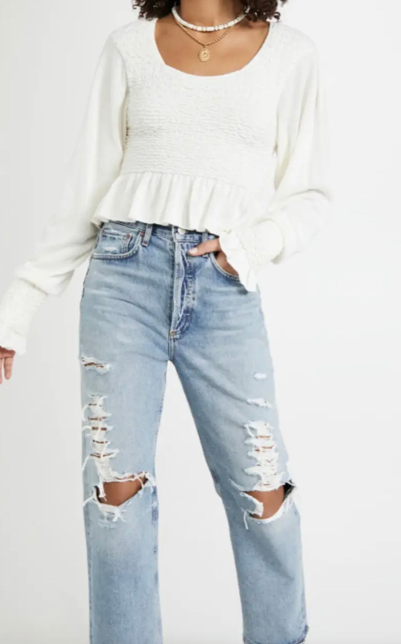 FREE PEOPLE Smocked Bust/Sleeve FREE SPIRIT Peplum Top