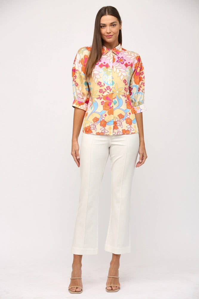 ALARM Abstract Floral Satin Short Sleeve Top