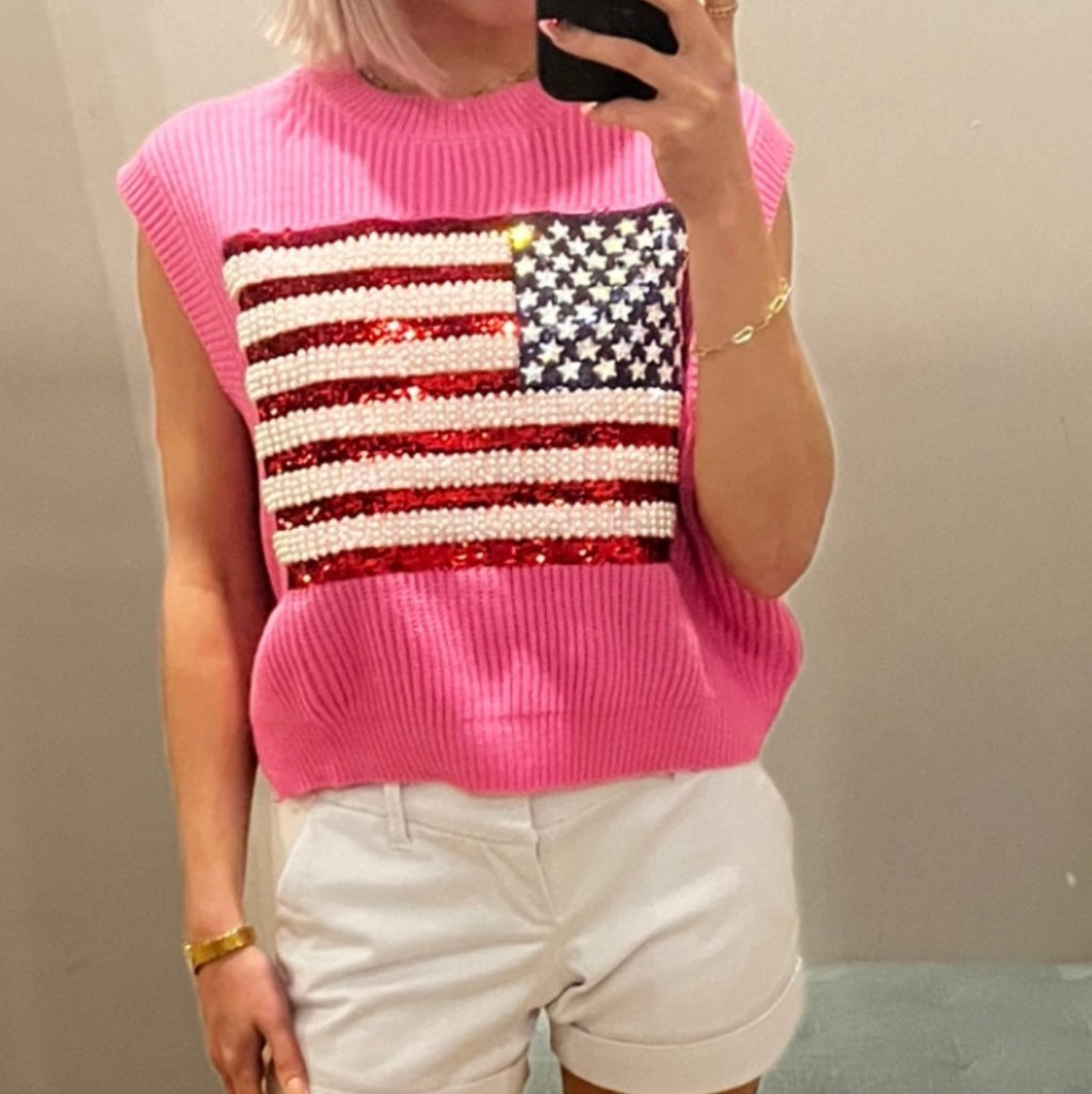 QUEEN OF SPARKLES Sequin FLAG Sweater Vest Top