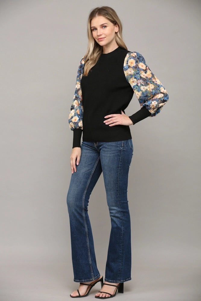 DYLAN Contrast BurnOut Floral Sleeve Top