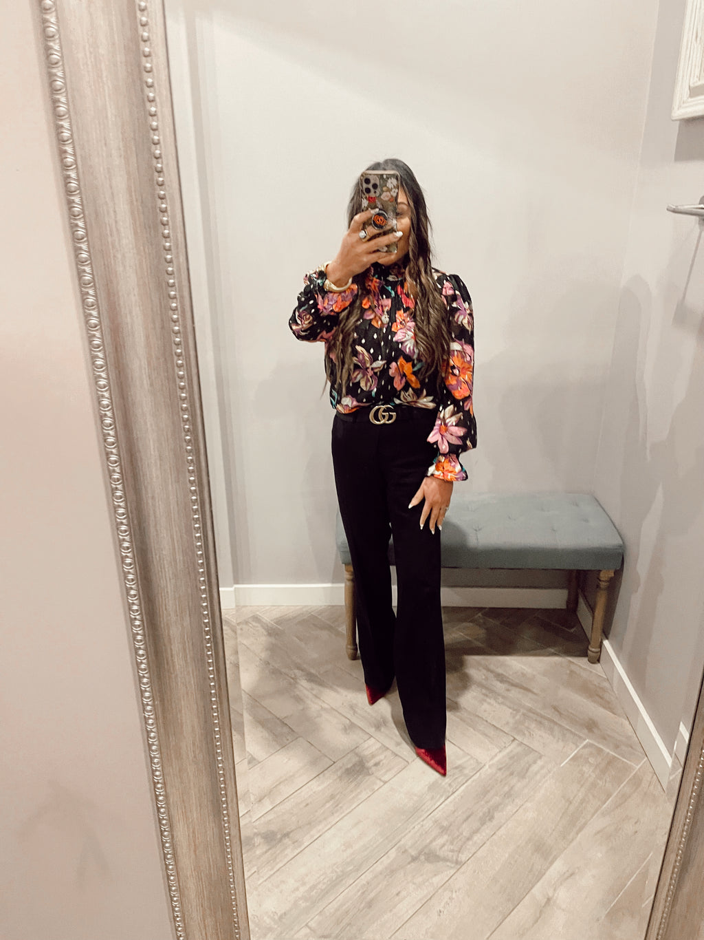 IRIS Floral Smock High Neck Foil Detail Top