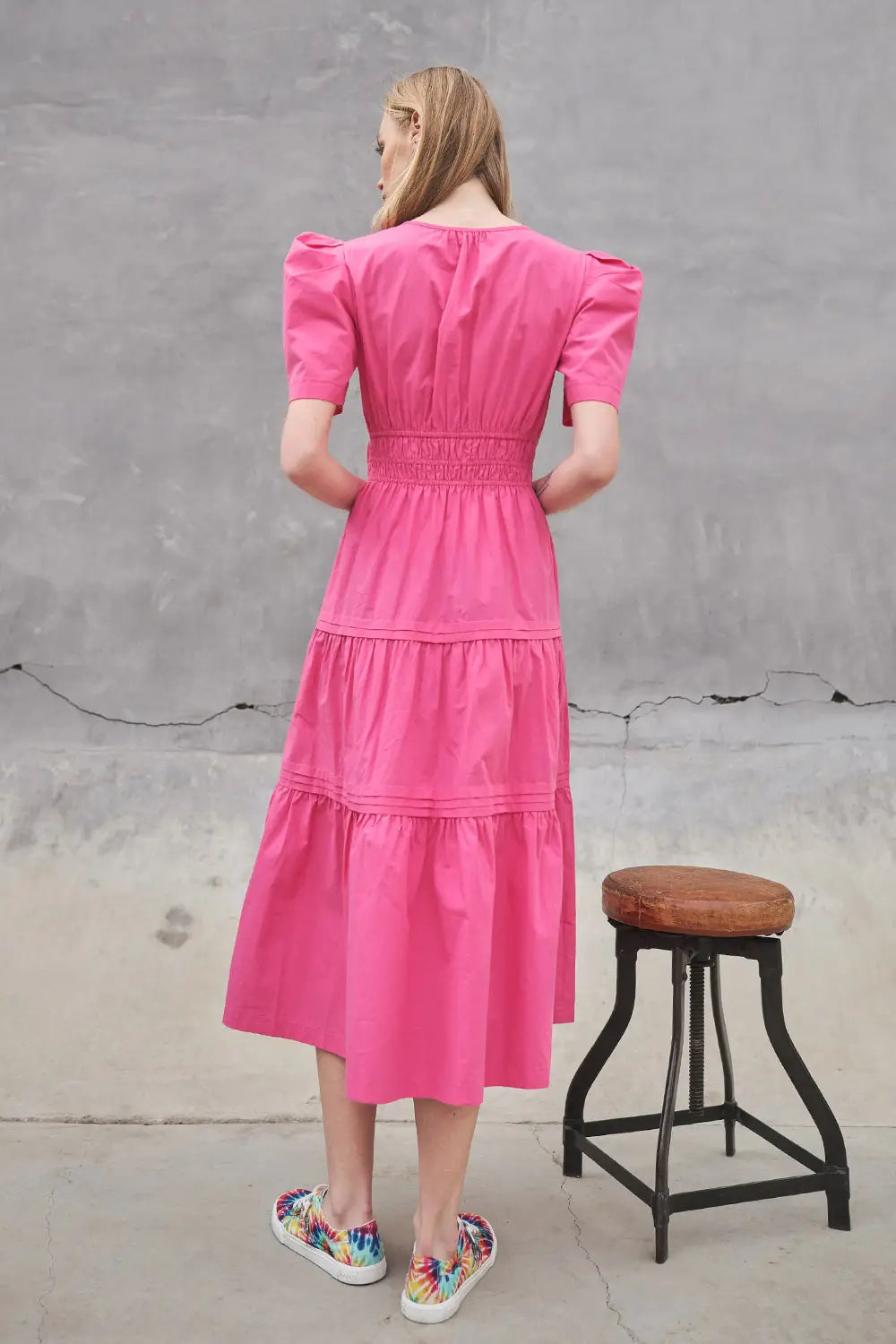 THEORY V-Neck Tiered PuffSleeve Maxi Dress