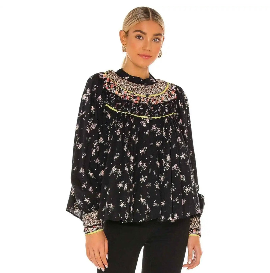 FREE PEOPLE Floral PALOMA ButtonDown Pleated Yoke Top